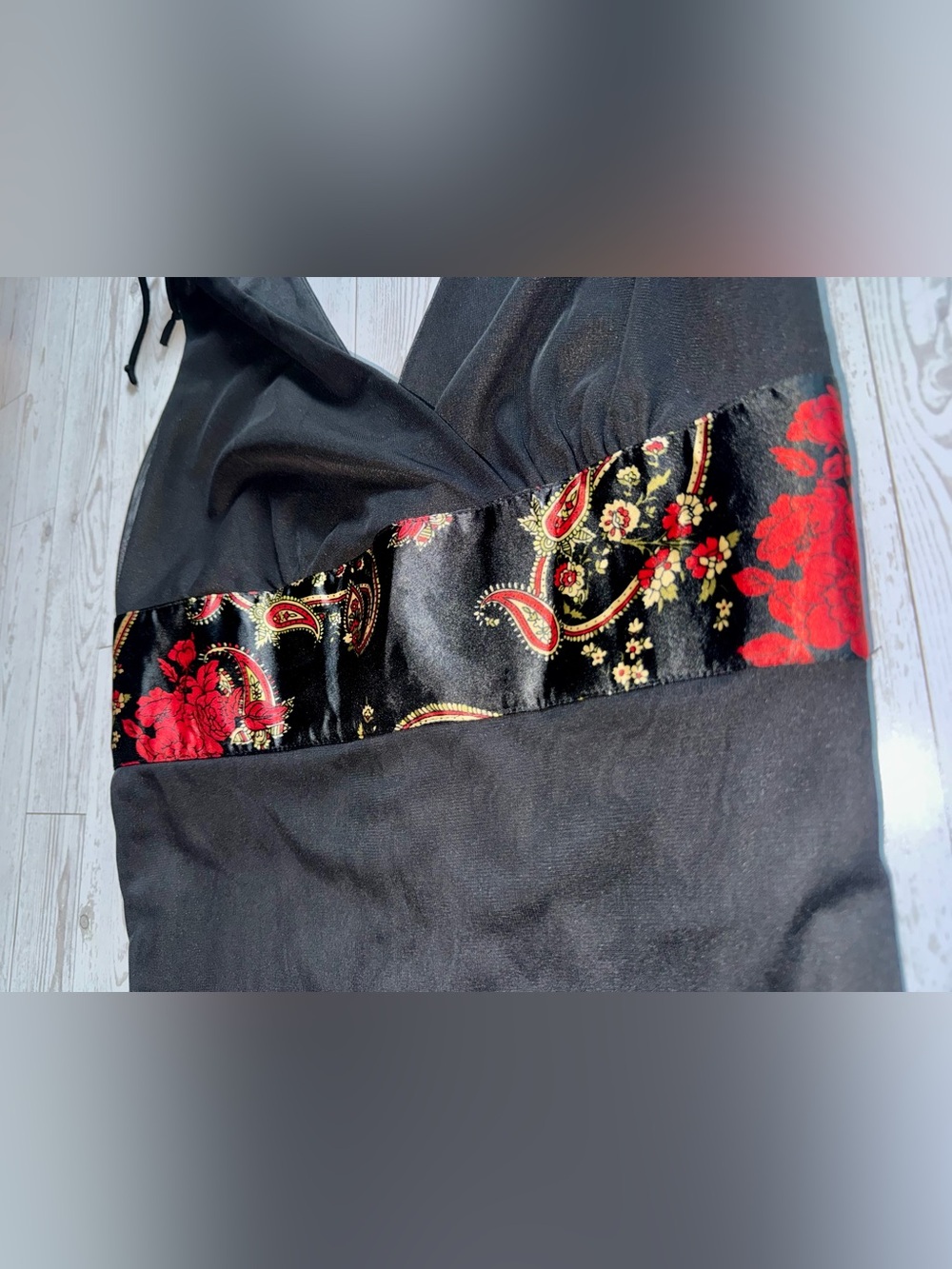 Black High-Low Dress w/ Floral & Black Sash, Conched Shoulder Ties - Size Medium - Picture 6 of 11